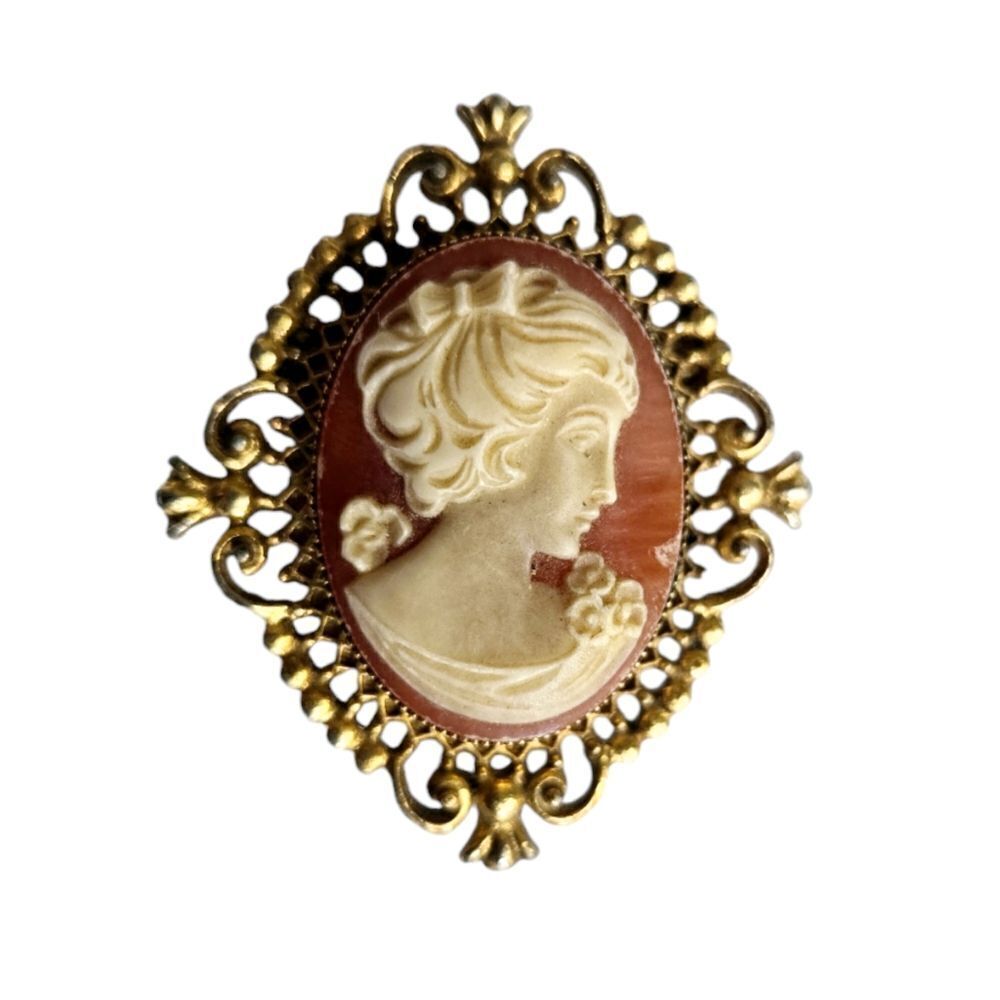 Vintage Avon Perfume Cameo Gold Tone Locket Brooch 2" Pin Empty